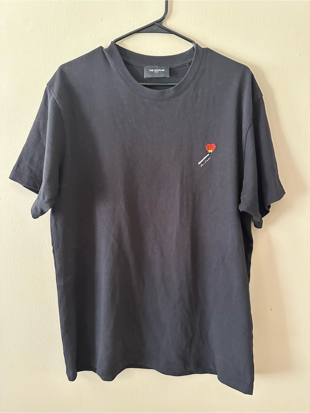 The Kooples Black Crewneck T-Shirt with Red Embroidery Heart Design, Sz EU L